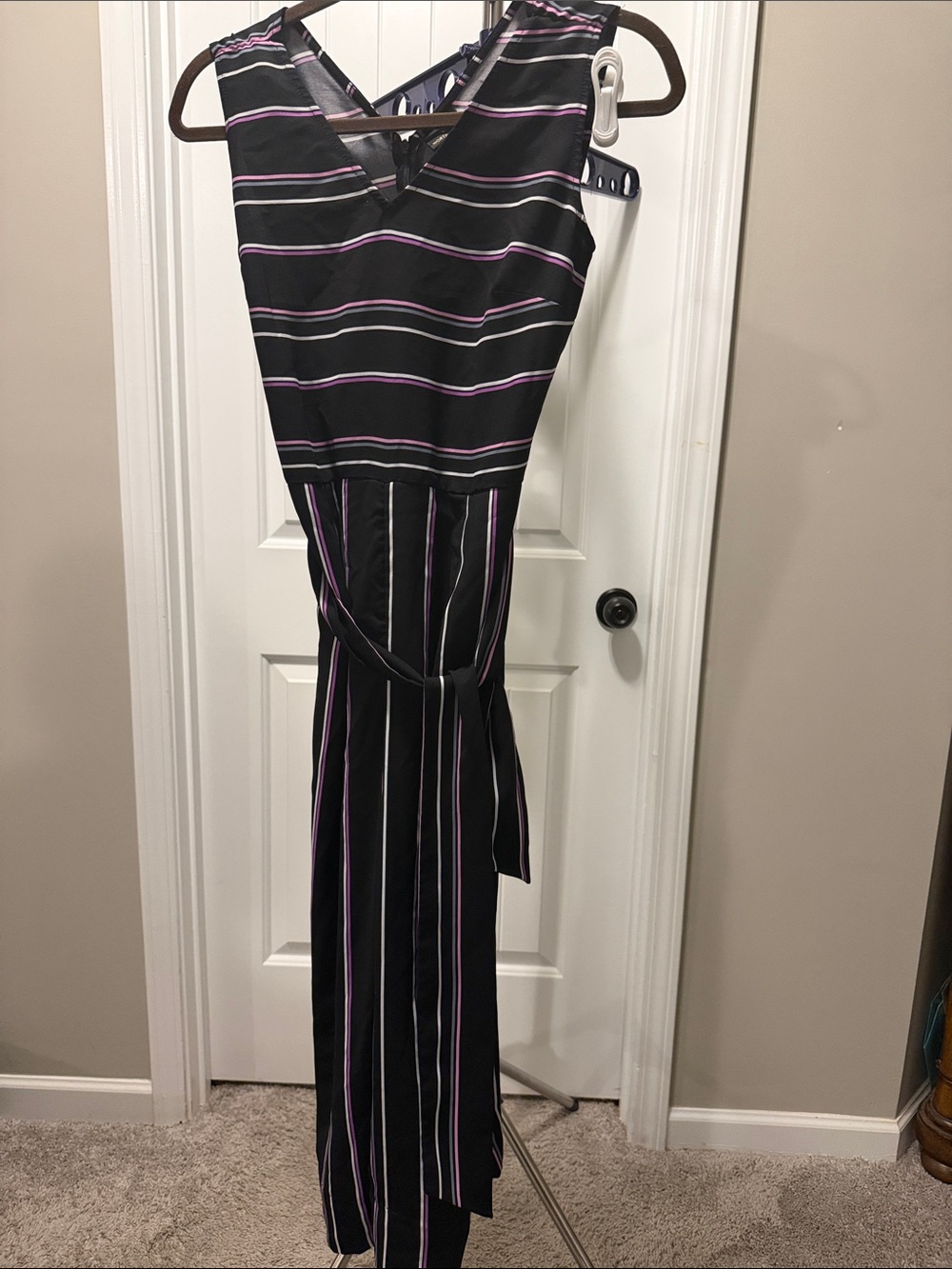 Worthington Black Sleeveless Striped Jumpsuit with Pink & White Stripes